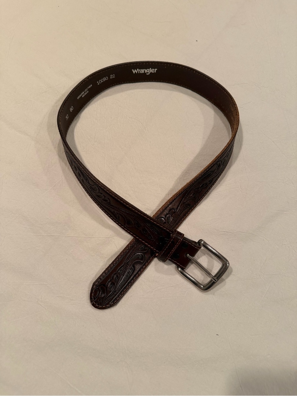 Wrangler Brown Tooled Leather Belt with Metal Buckle